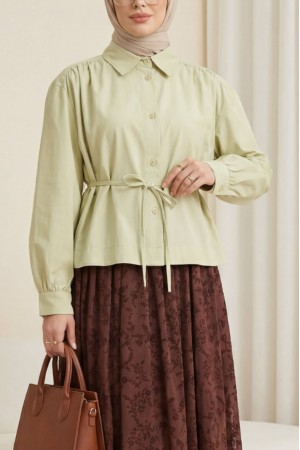 Shirt Blouse with Gathered Shoulders and Lace-up Detail -Olive