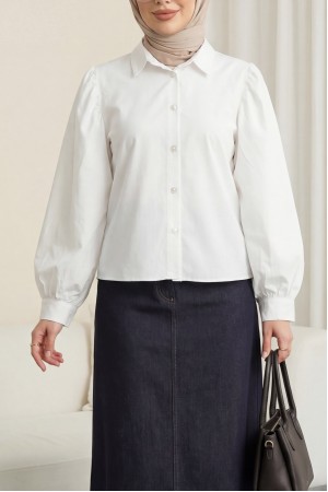Balon Kol Düğmeli Kısa Poplin Gömlek -Beyaz