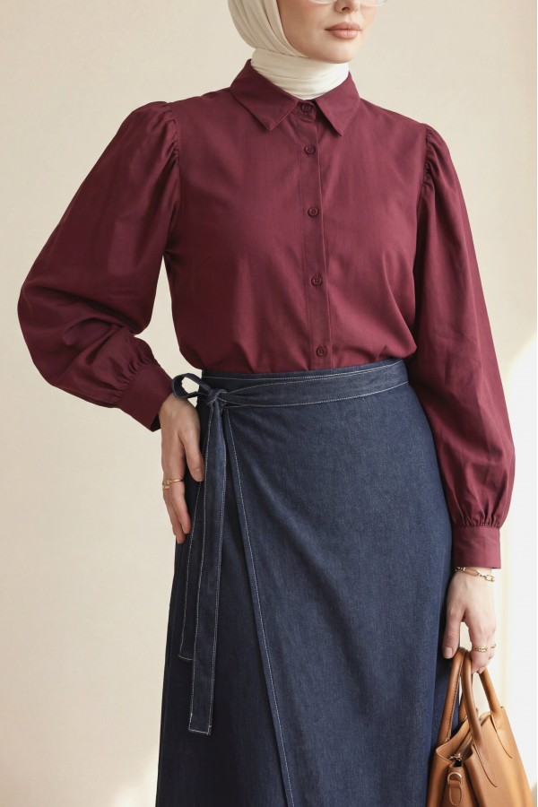 Short Poplin Shirt with Balloon Cufflinks -Maroon