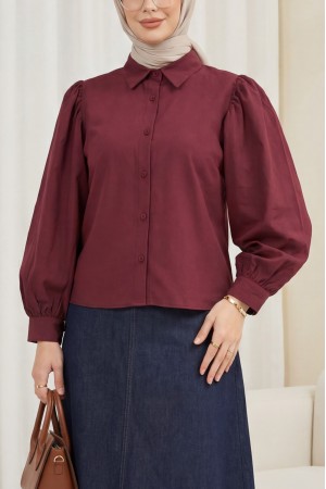 Balon Kol Düğmeli Kısa Poplin Gömlek -Bordo