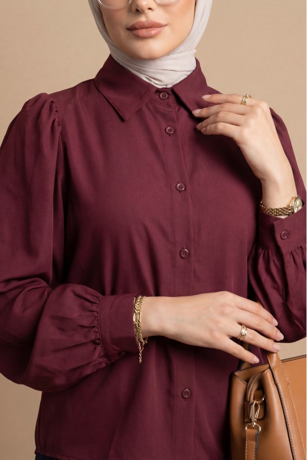 Short Poplin Shirt with Balloon Cufflinks -Maroon