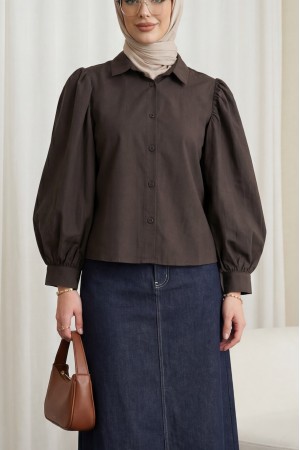 Balon Kol Düğmeli Kısa Poplin Gömlek -K. Kahve