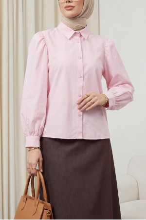 Balon Kol Düğmeli Kısa Poplin Gömlek -Pembe