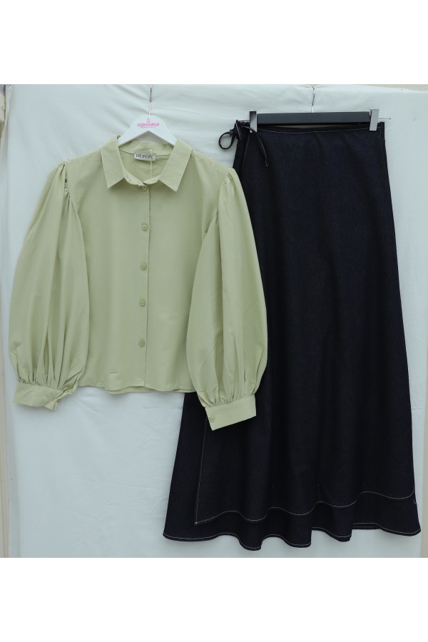 Short Poplin Shirt with Balloon Cufflinks -Olive