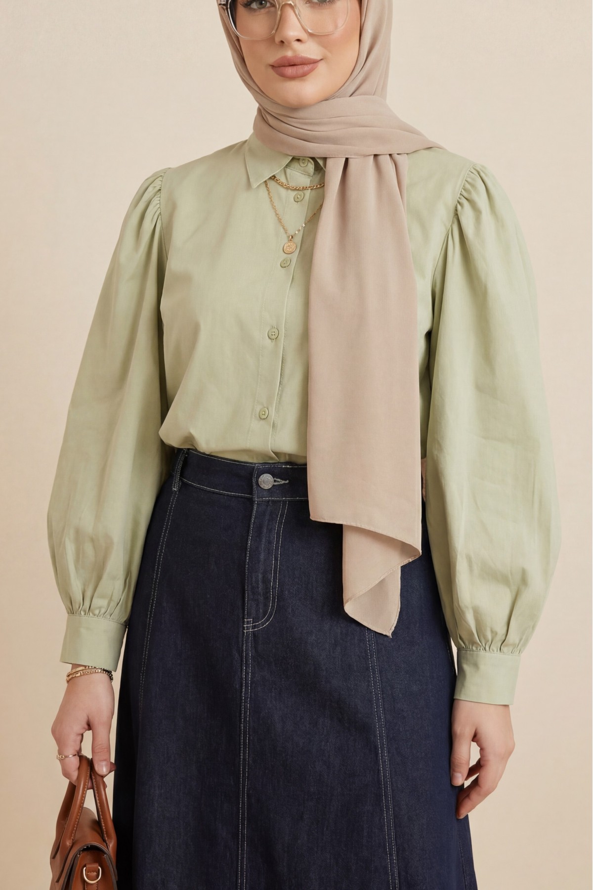 Short Poplin Shirt with Balloon Cufflinks -Olive