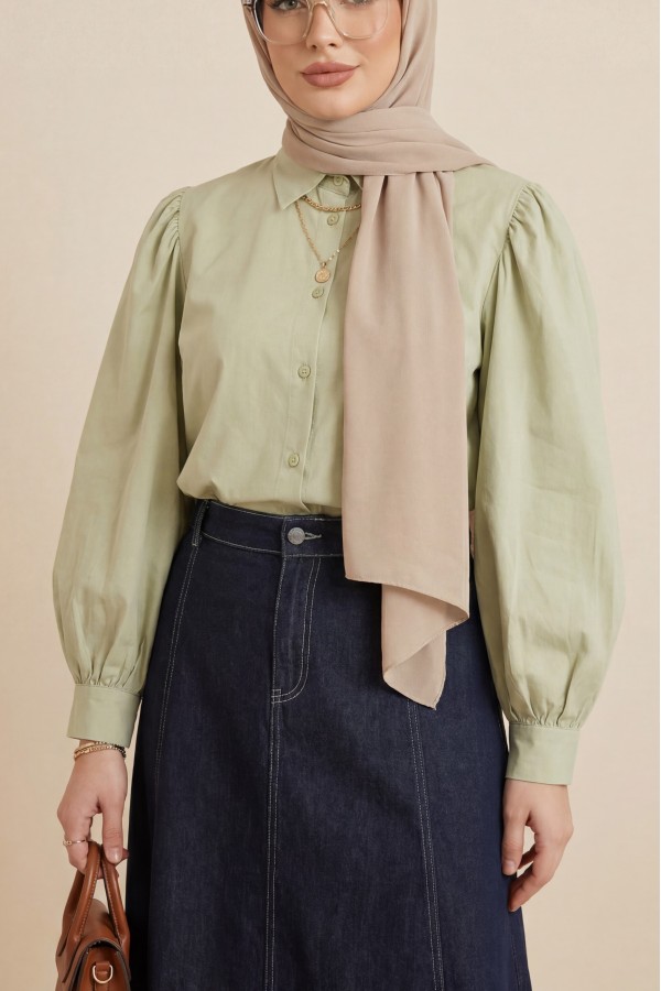Short Poplin Shirt with Balloon Cufflinks -Olive