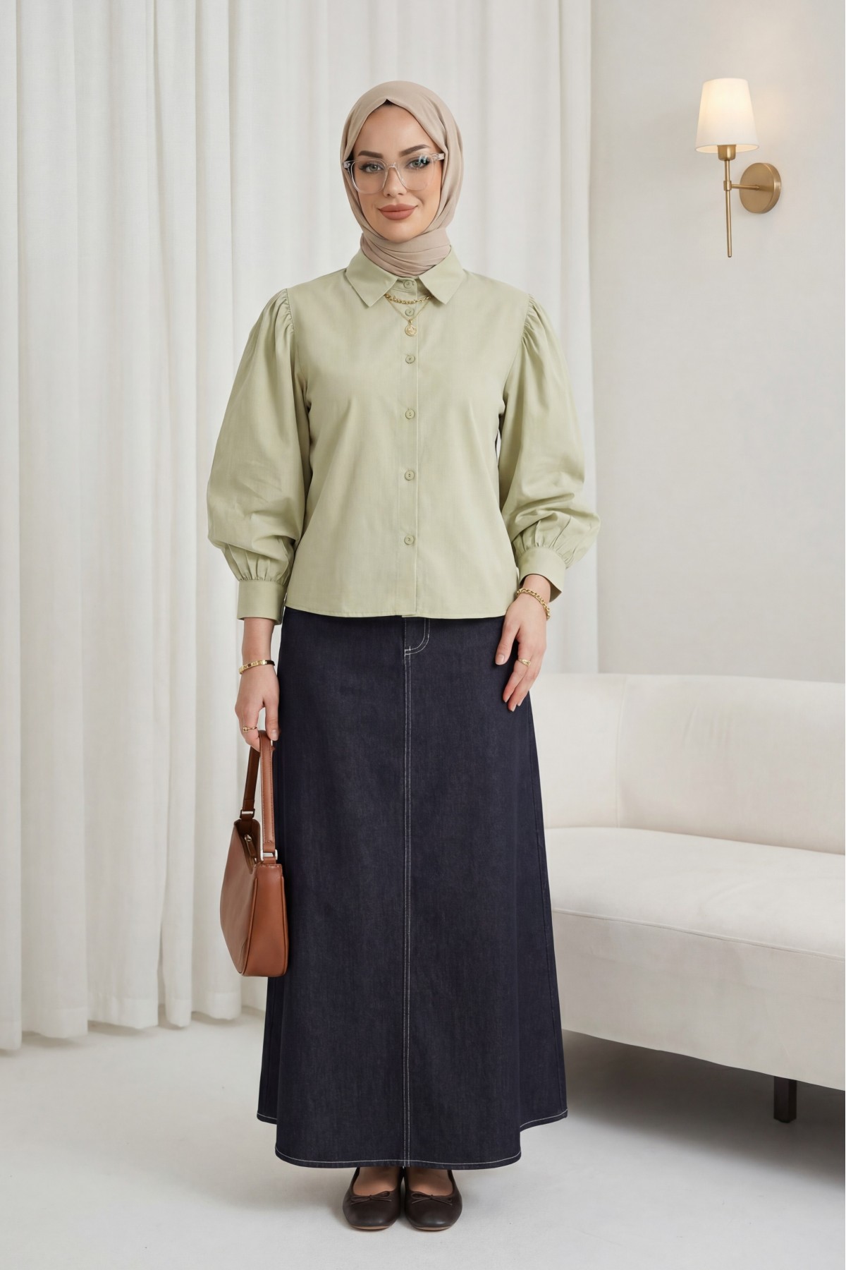 Short Poplin Shirt with Balloon Cufflinks -Olive