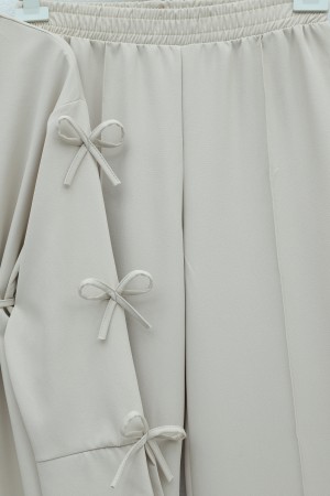 Imported Crepe Trousers Set with Bow Detail on Sleeves - Beige