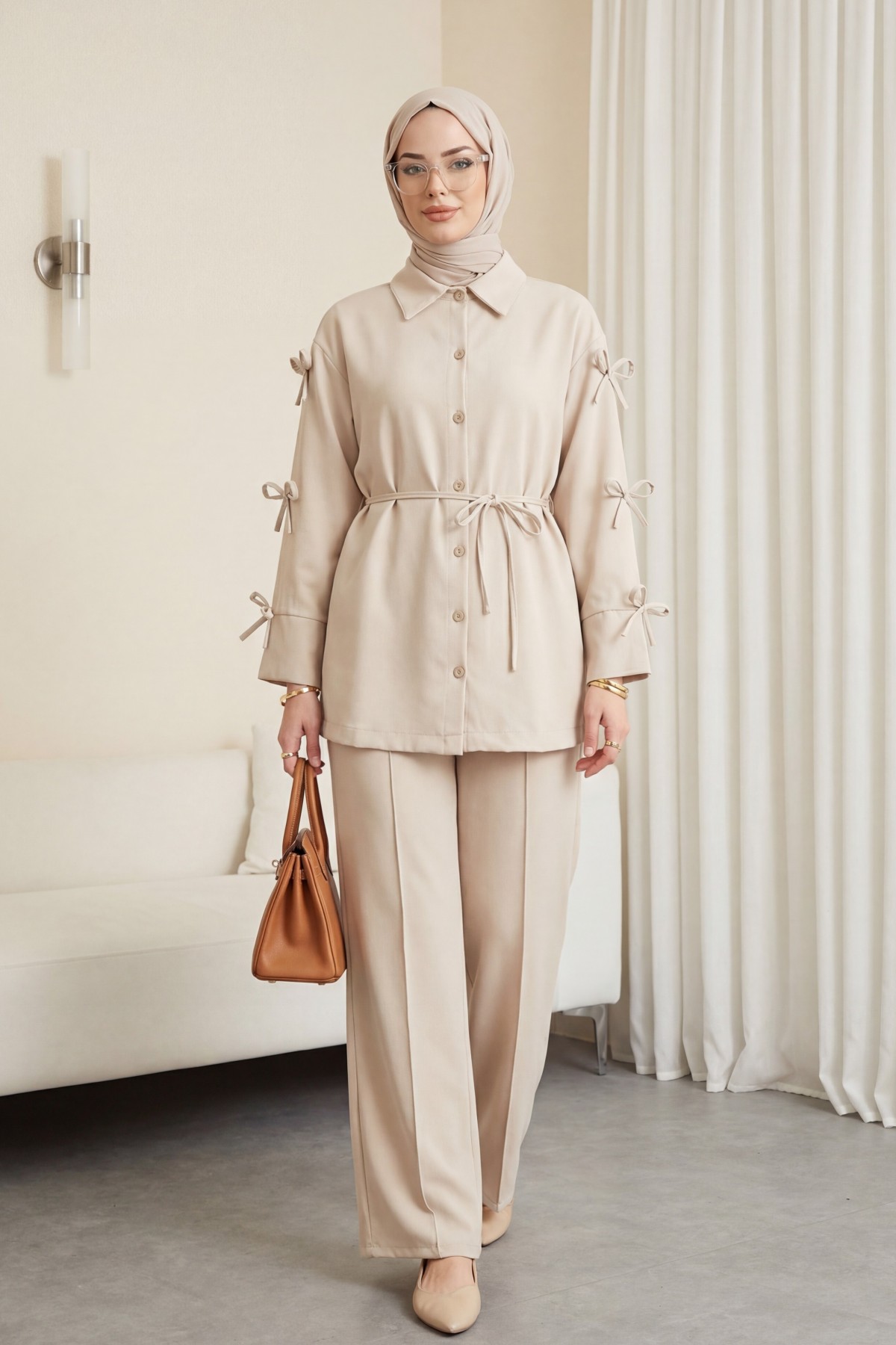 Imported Crepe Trousers Set with Bow Detail on Sleeves - Beige