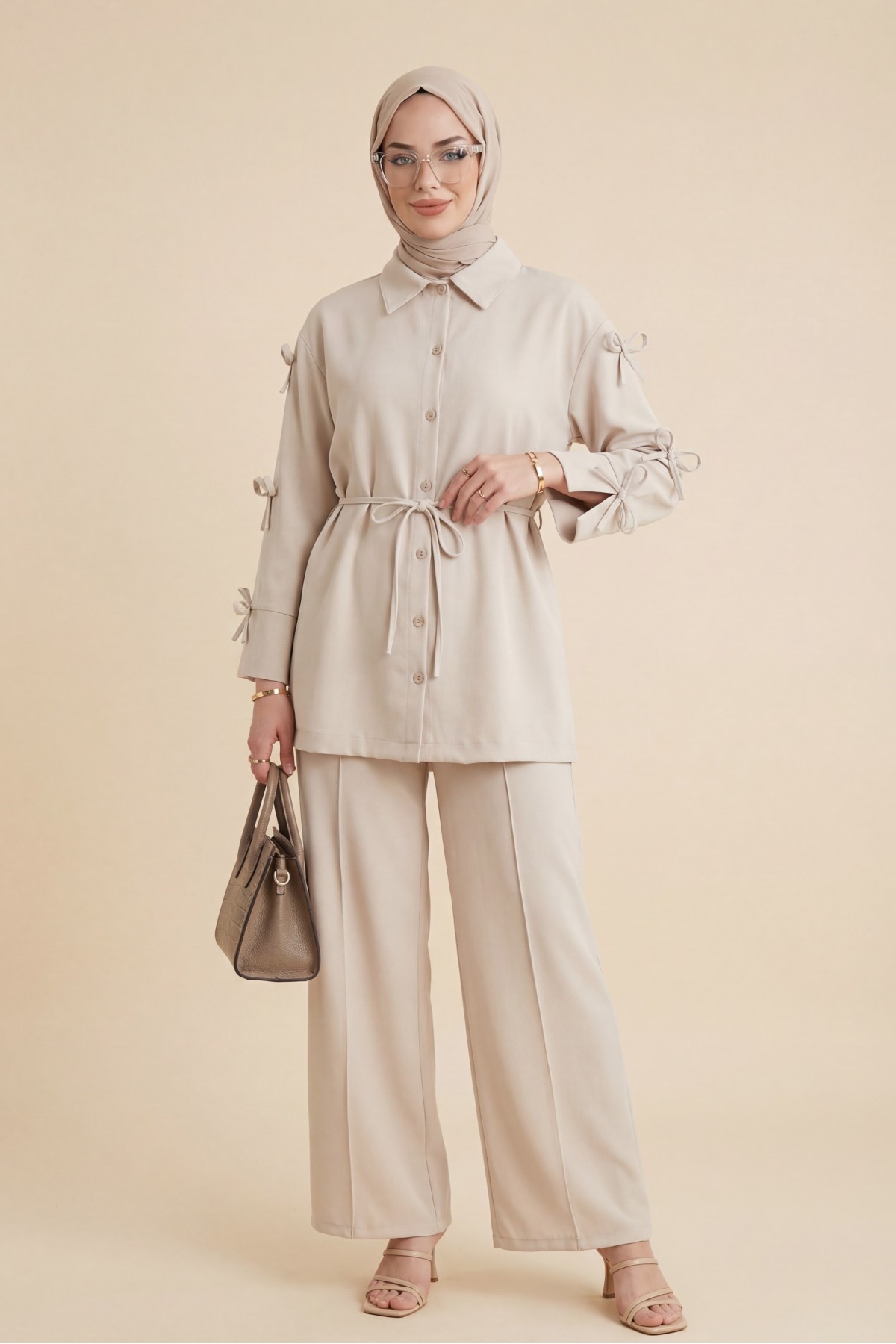 Imported Crepe Trousers Set with Bow Detail on Sleeves - Beige