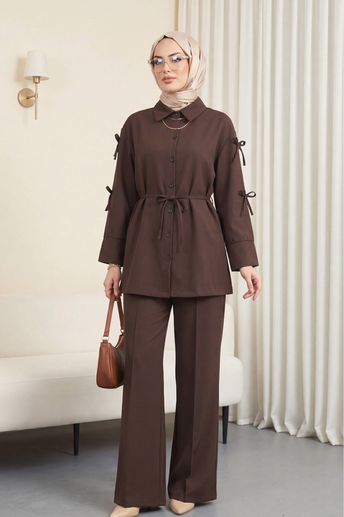Imported Crepe Trousers Set with Bow Detail on Sleeves -Dark Coffee