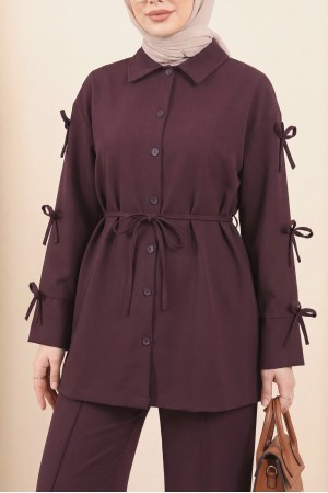 Kolları Fiyonk Detaylı İthal Krep Pantolonlu Takım -Mürdüm