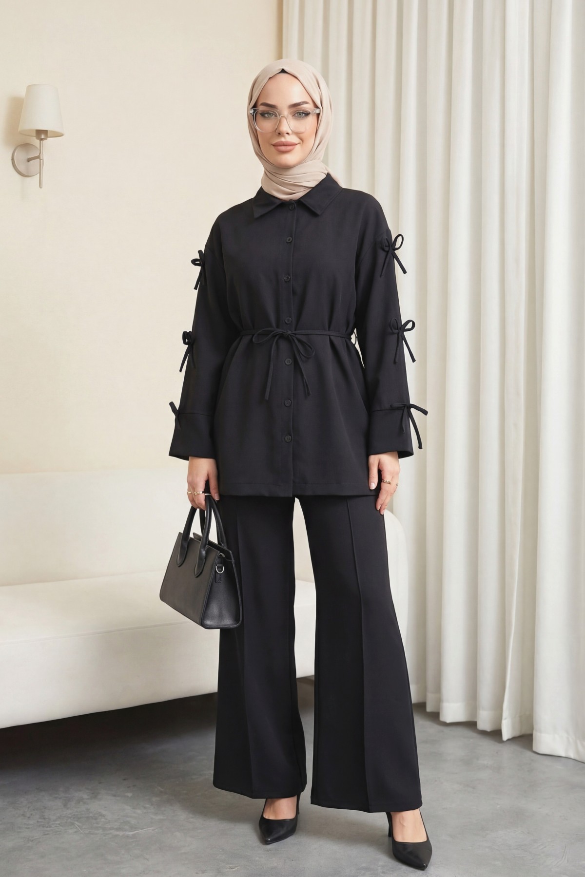 Imported Crepe Trousers Set with Bow Detail on Sleeves -Black