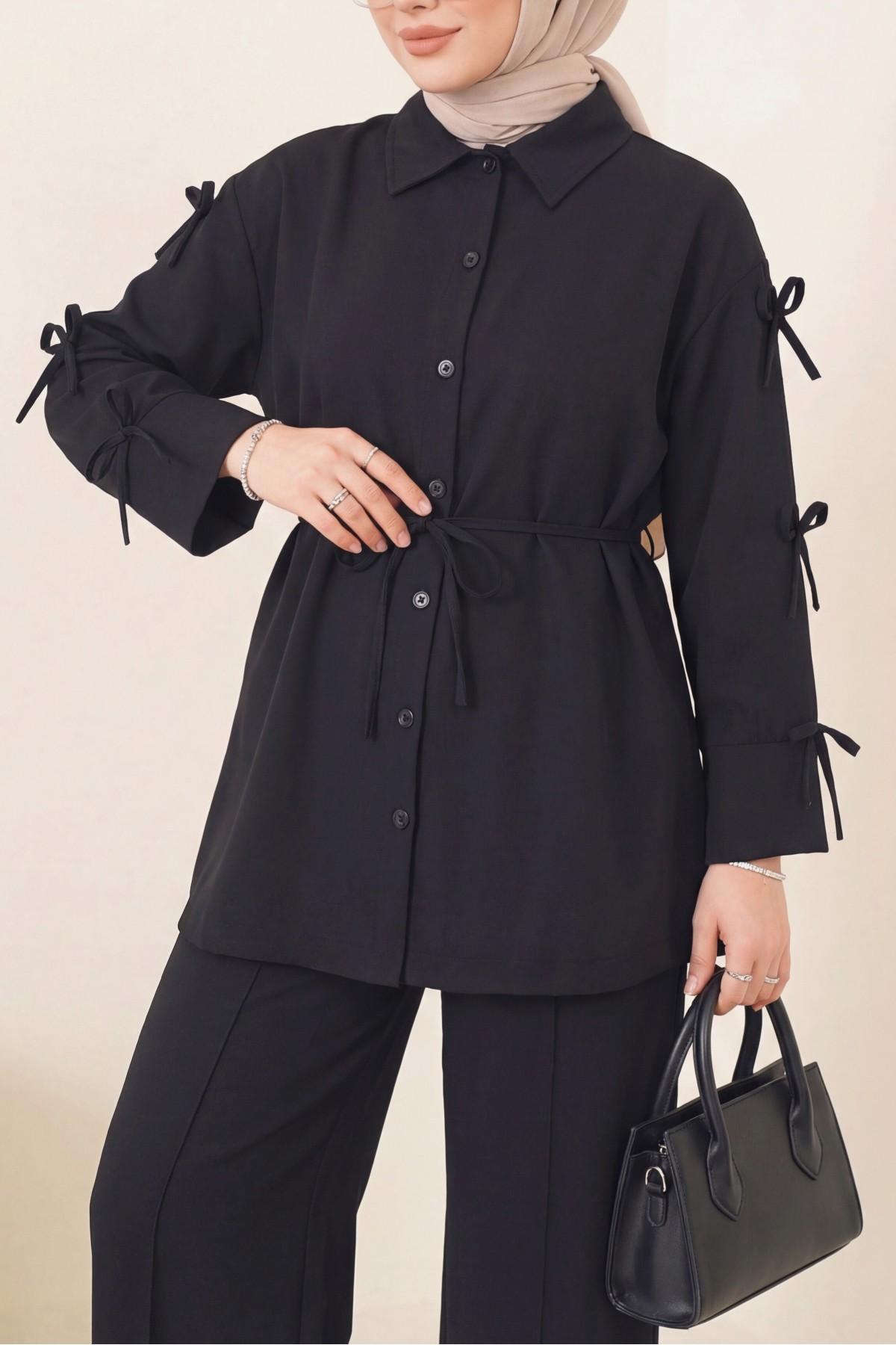 Imported Crepe Trousers Set with Bow Detail on Sleeves -Black