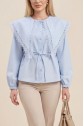Lace-trimmed Wide-Neck Poplin Shirt with Drawstring and Elasticated Cuffs -Baby Blue