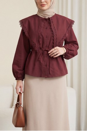 Dantelli Geniş Yakalı Bağcıklı Kolu Lastikli Poplin Gömlek  -Bordo