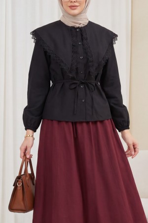 Dantelli Geniş Yakalı Bağcıklı Kolu Lastikli Poplin Gömlek  -Siyah