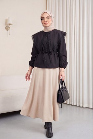 Dantelli Geniş Yakalı Bağcıklı Kolu Lastikli Poplin Gömlek  -Siyah