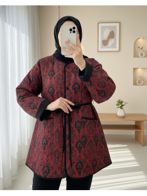 Kolu Katlamalı Beli Bağcıklı Etnik Desen Ceket -Bordo