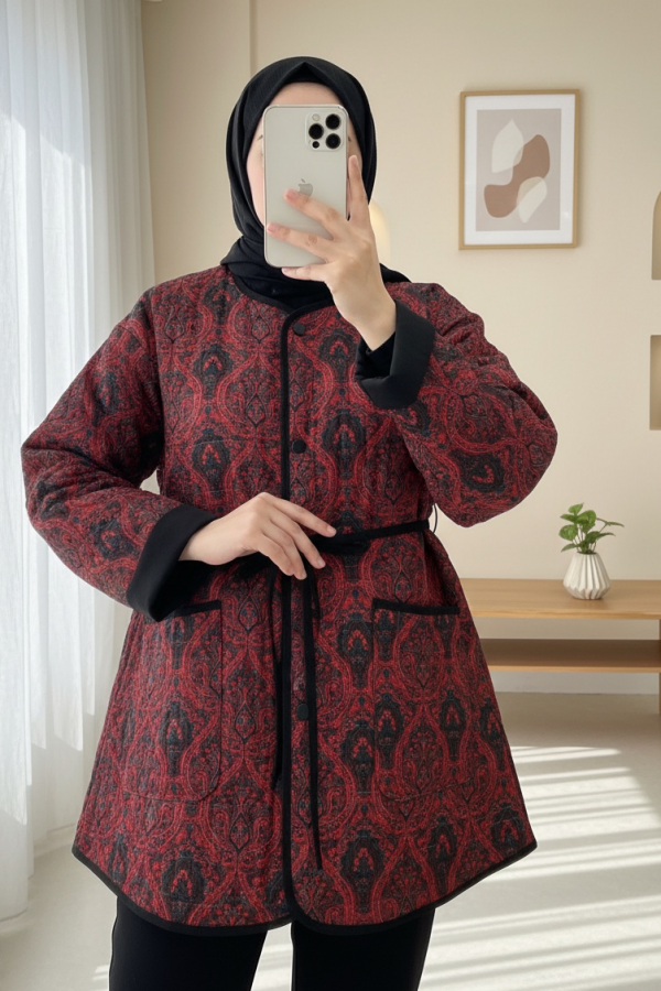 Ethnic Pattern Jacket with Folded Sleeves and Tied Waist -Maroon