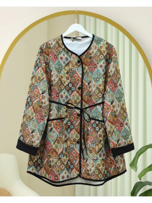 Kolu Katlamalı Beli Bağcıklı Etnik Desen Ceket -Çağla Y.