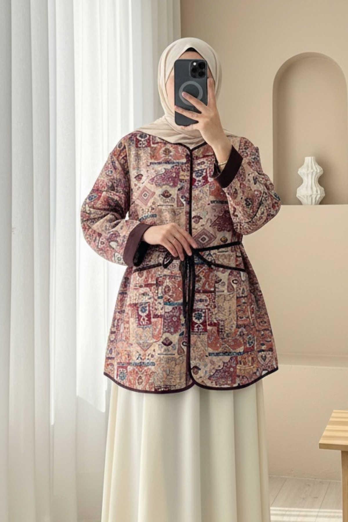 Ethnic Pattern Jacket with Folded Sleeves and Tied Waist -Dried rose