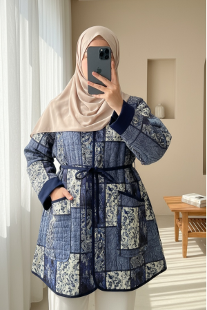 سترة بنمط عرقي بأكمام مطوية وخصر مربوط -اللون النيلي