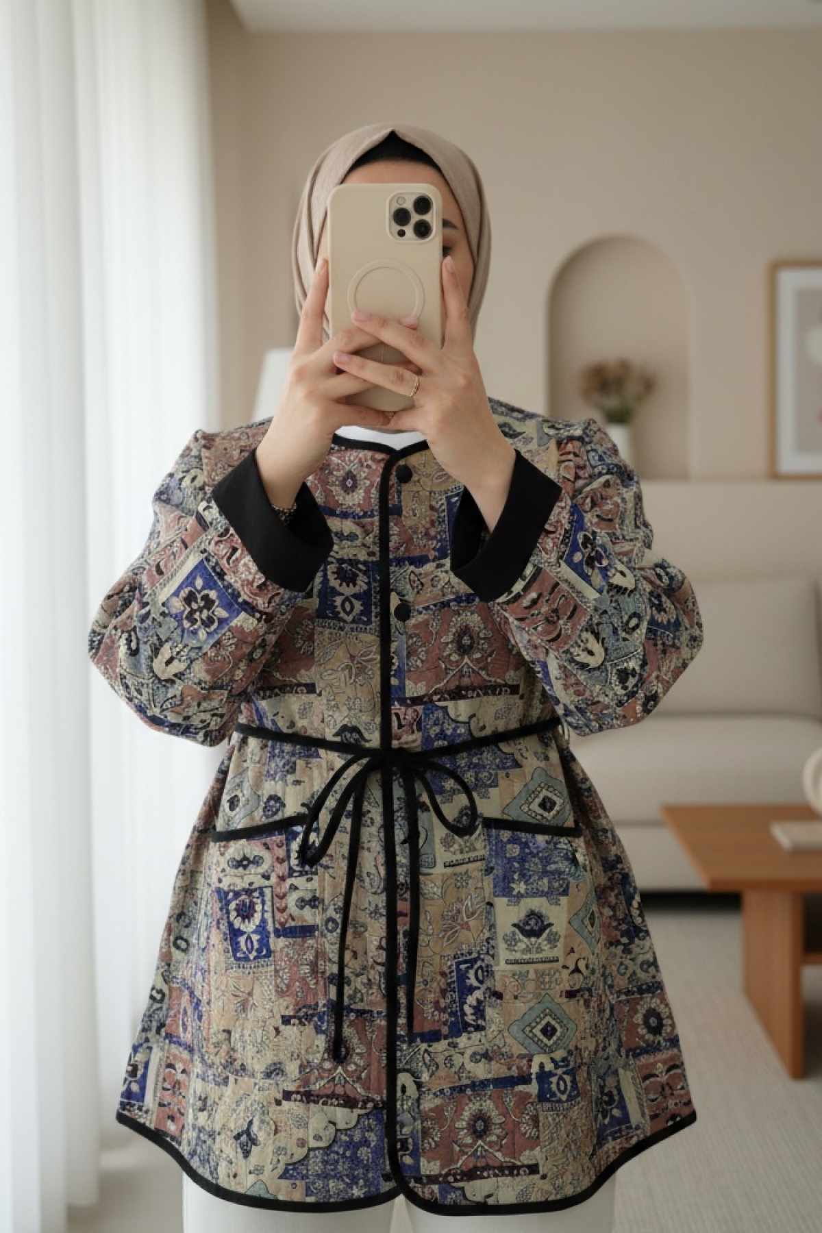 Ethnic Pattern Jacket with Folded Sleeves and Tied Waist -Cream color