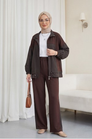 Beli Bağcıklı Kolu Lastikli Önü Fermuarlı Paraşüt Detaylı Penye Takım -K. Kahve