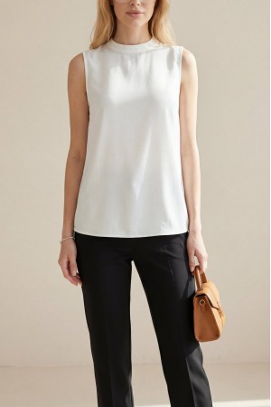 Önü Şifon Detaylı Sıfır Kol Penye İçlik  -Ekru