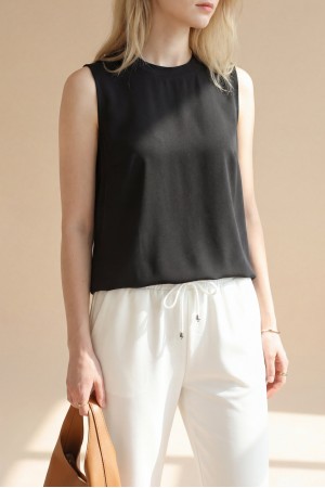 Önü Şifon Detaylı Sıfır Kol Penye İçlik  -Siyah