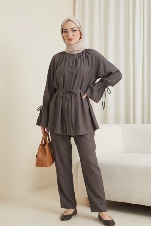 Yakası Büzgü Detaylı Beli Ve Kolu Bağcıklı İkili Takım -Kahve