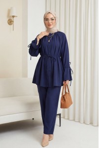 Yakası Büzgü Detaylı Beli Ve Kolu Bağcıklı İkili Takım -Laci