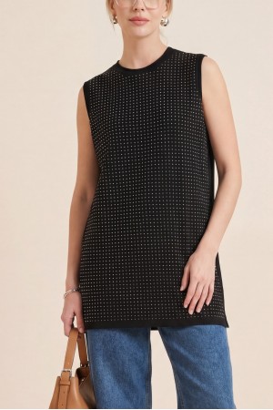 Önü Taş Detaylı Sıfır Kol İçlik -Siyah