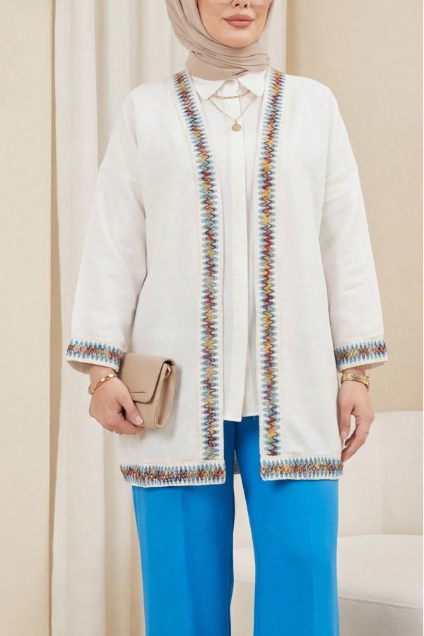 Renkli Şerit Detaylı Keten Görünümlü Kimono -Taş rengi