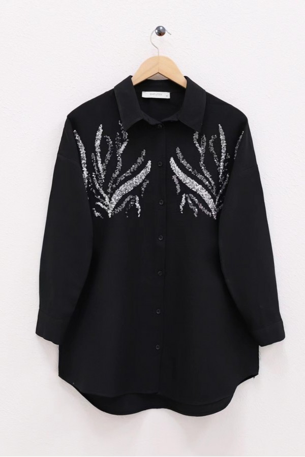 Sequined Long Shirt with Front Sequins -Black