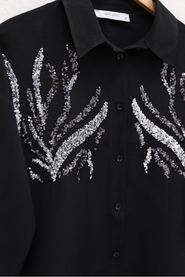 Sequined Long Shirt with Front Sequins -Black