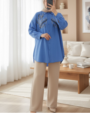 Önü Pul Payetli Uzun Gömlek  -İndigo