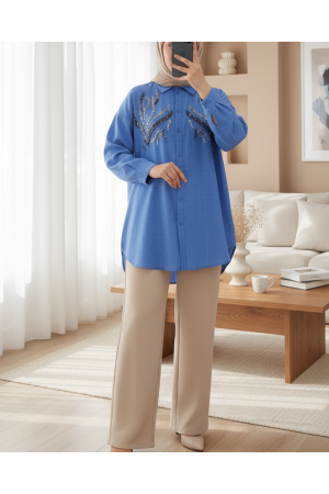Önü Pul Payetli Uzun Gömlek  -İndigo