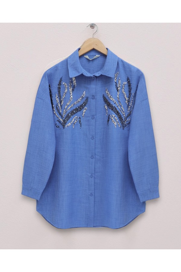 Sequined Long Shirt with Front Sequins  -İndigo