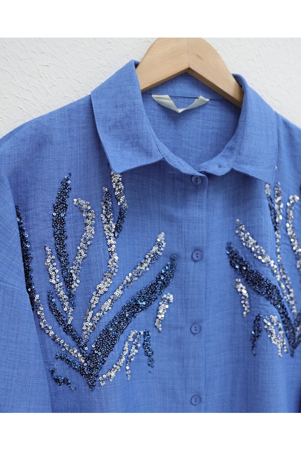 Sequined Long Shirt with Front Sequins  -İndigo