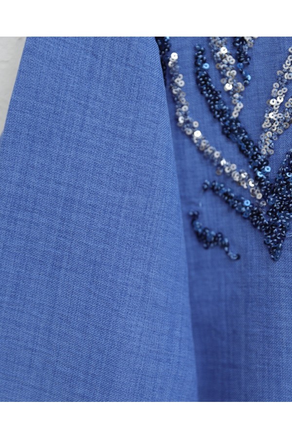 Sequined Long Shirt with Front Sequins  -İndigo