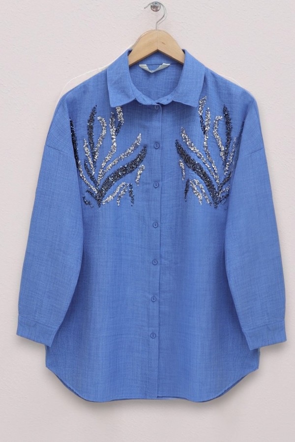 Sequined Long Shirt with Front Sequins  -İndigo