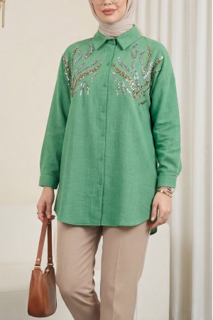 Önü Pul Payetli Uzun Gömlek  -Orman Yş.