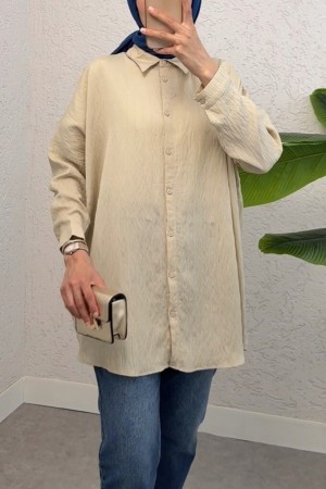 Buttoned Patterned Shirt - Beige