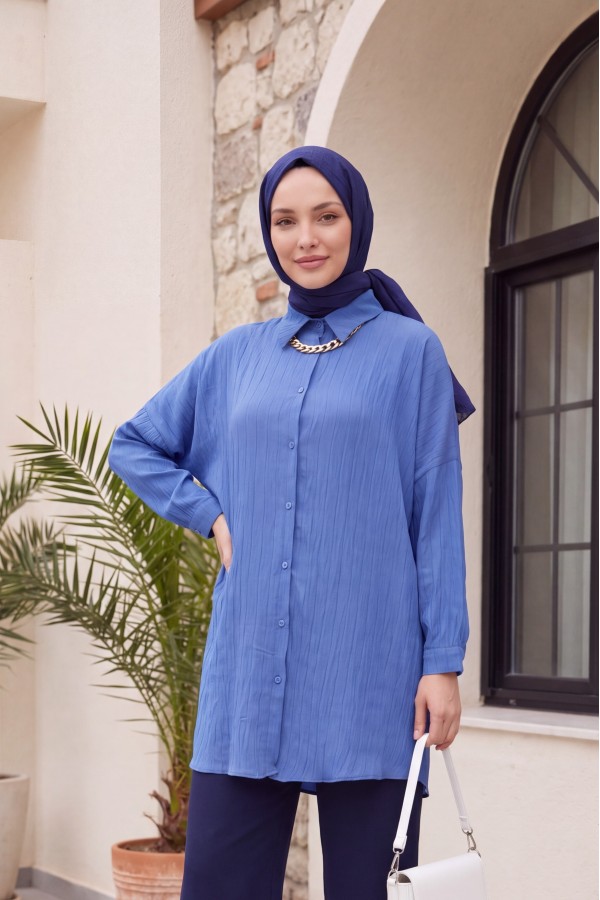 قميص منقوش بأزرار -اللون النيلي