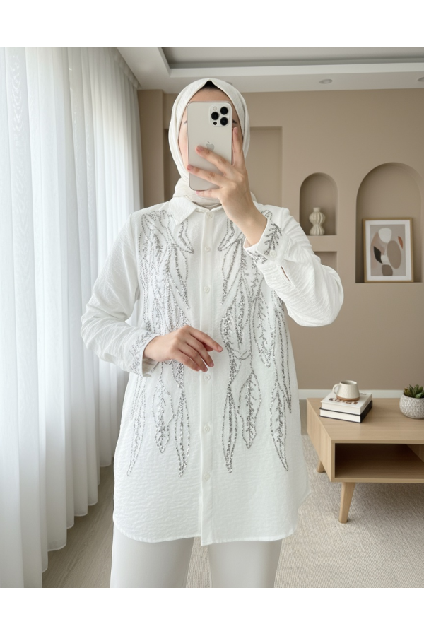 Sequined Embroidered Buttoned Shirt  -White