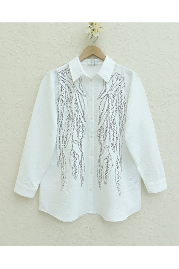 Sequined Embroidered Buttoned Shirt  -White