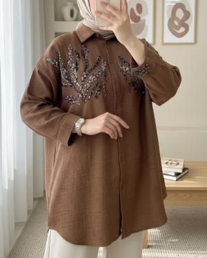 Önü Pul Payetli Uzun Gömlek    -Kahve