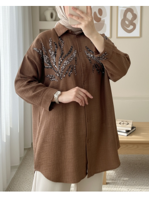Önü Pul Payetli Uzun Gömlek    -Kahve